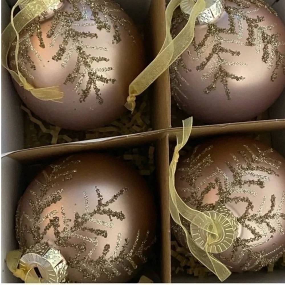 Martha Stewart Rose Gold Glass Ornaments w/ Gold Glitter Detail Set of 4 NWT